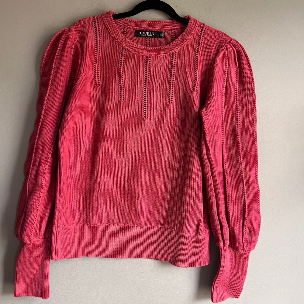 Lauren Ralph Lauren Pink Cotton Puff Sleeve Pointelle Knit Sweater Large